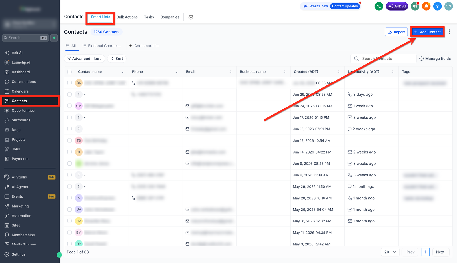 Área Contacts e Smart Lists com o botão Add Contact destacado