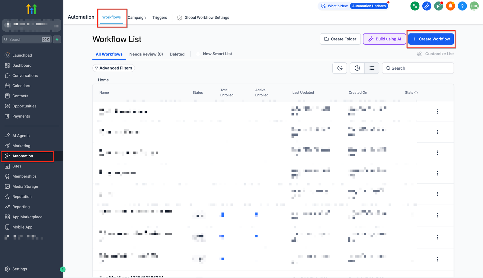 Área Automation e Workflows com botão Create Workflow destacado