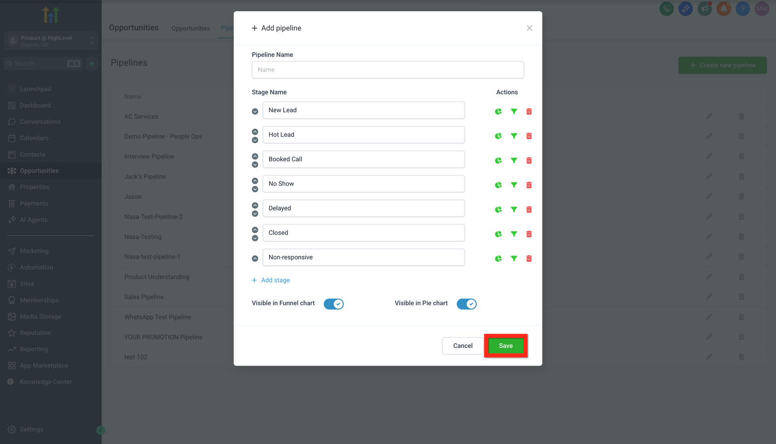 Janela Add pipeline com nome, etapas e botão Save