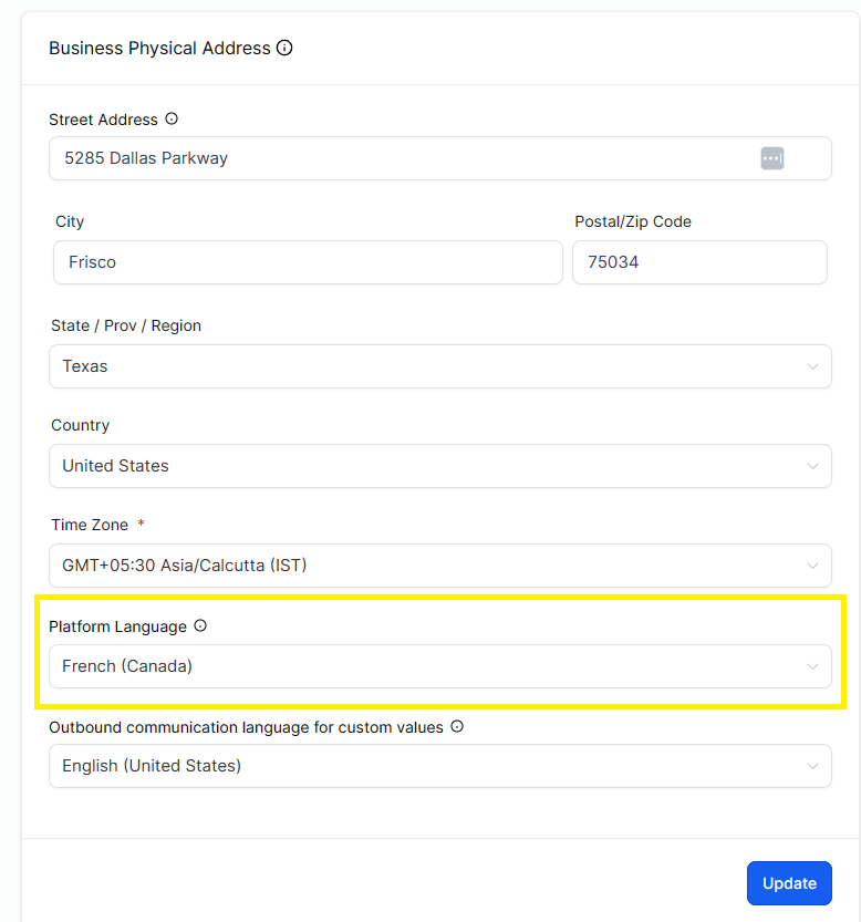 Campo Platform Language no perfil da empresa da HighLevel