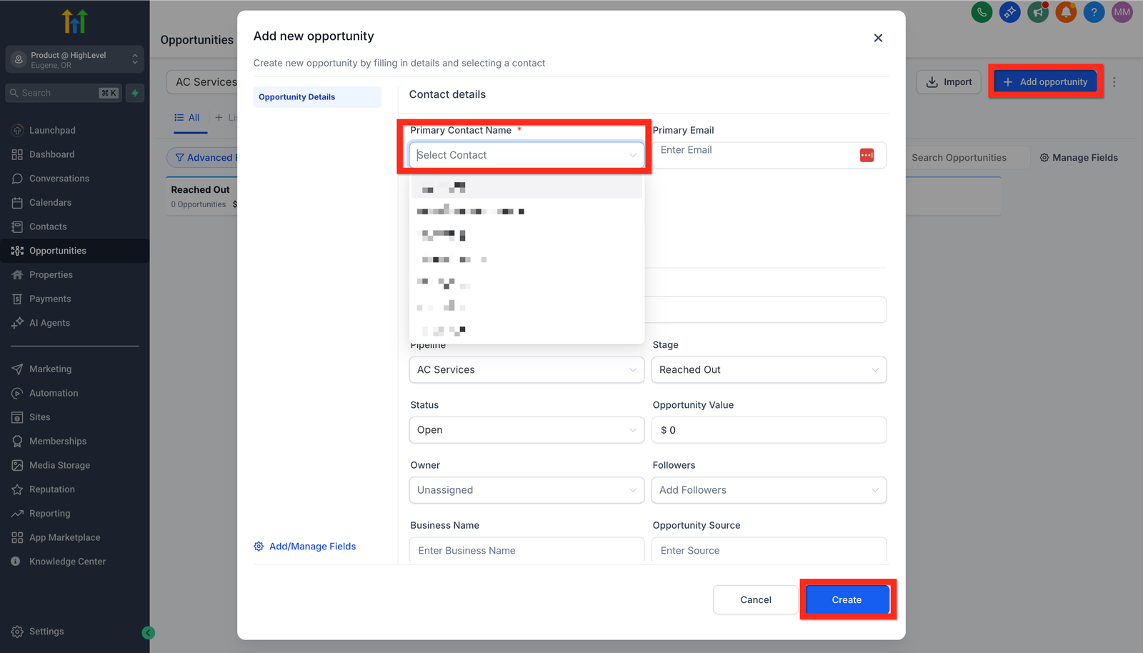 Janela Add new opportunity com contato, pipeline, etapa e responsável